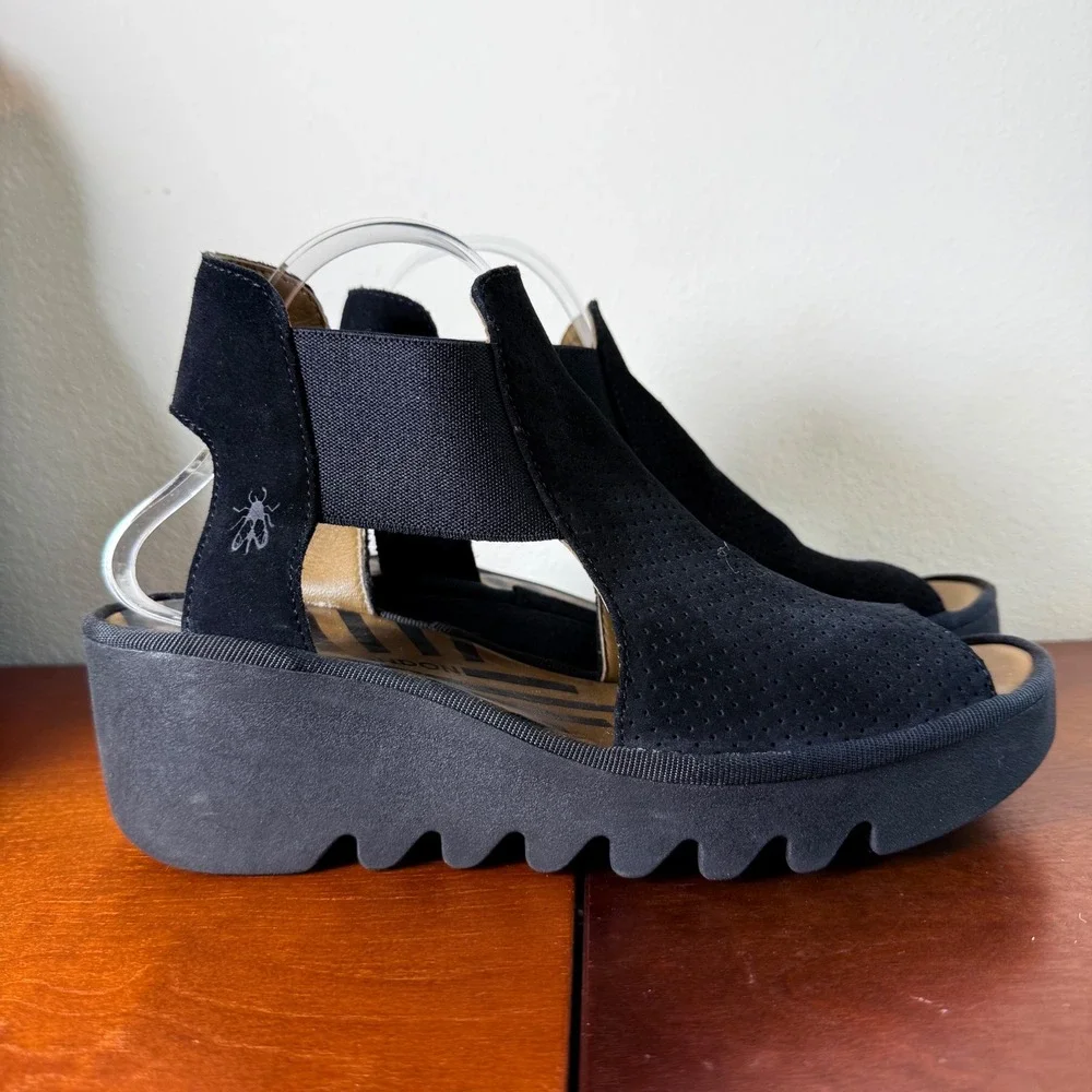 Fly London Wedge Sandals Women 40 (9) Black Suede Perforated Peep Toe Platform